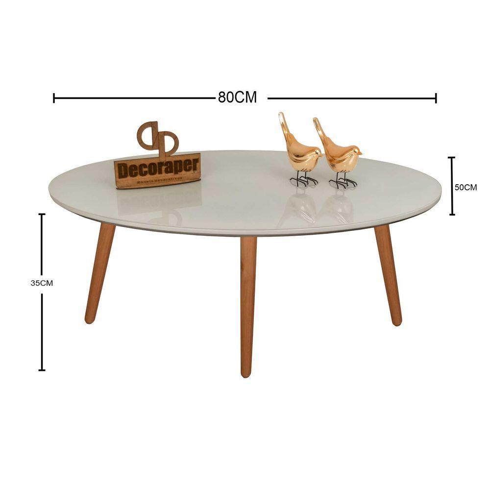 Mesa De Centro Oval Laqueada Com Vidro Pé Palito 80x50 Off White - 2