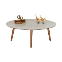 Mesa De Centro Oval Laqueada Com Vidro Pé Palito 80x50 Off White - 1