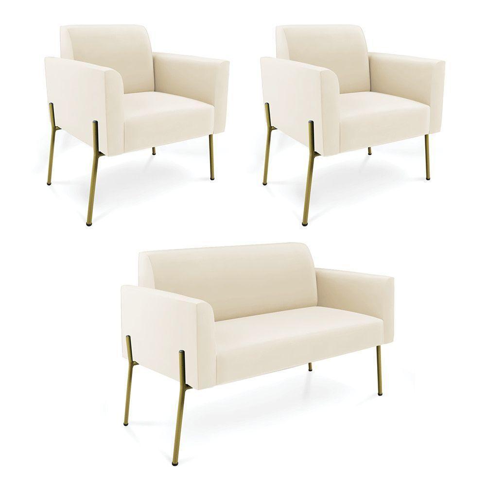 Sofá Namoradeira E 2 Poltronas Pé De Ferro Dourado Marisa Veludo Cor Bege - 1