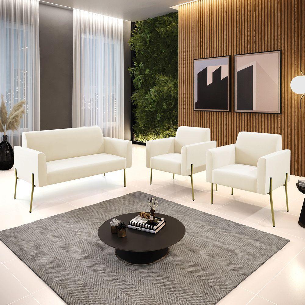 Sofá Namoradeira E 2 Poltronas Pé De Ferro Dourado Marisa Veludo Cor Bege - 2