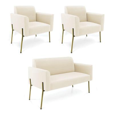 Sofá Namoradeira E 2 Poltronas Pé De Ferro Dourado Marisa Veludo Cor Bege