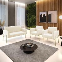 Sofá Namoradeira E 2 Poltronas Pé De Ferro Dourado Marisa Veludo Cor Bege - 2