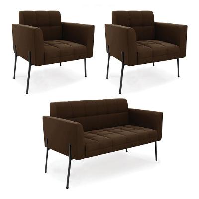 Sofá Namoradeira E 2 Poltronas Pé De Ferro Preto Elisa Suede D03 - D'rossi Cor Marrom