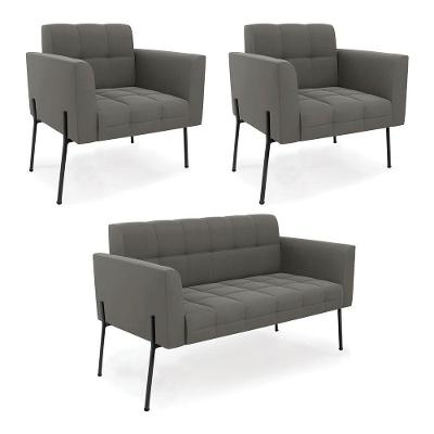 Sofá Namoradeira E 2 Poltronas Pé De Ferro Preto Elisa Suede D03 - D'rossi Cor Grafite