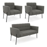 Sofá Namoradeira E 2 Poltronas Pé De Ferro Preto Elisa Suede D03 - D'rossi Cor Grafite - 1