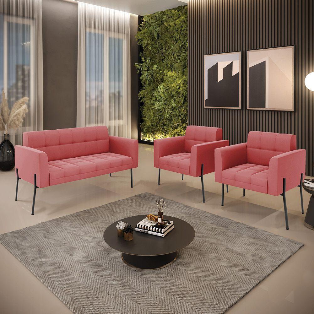 Sofá Namoradeira E 2 Poltronas Pé De Ferro Preto Elisa Suede D03 - D'rossi Cor Rose - 2