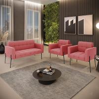 Sofá Namoradeira E 2 Poltronas Pé De Ferro Preto Elisa Suede D03 - D'rossi Cor Rose - 2