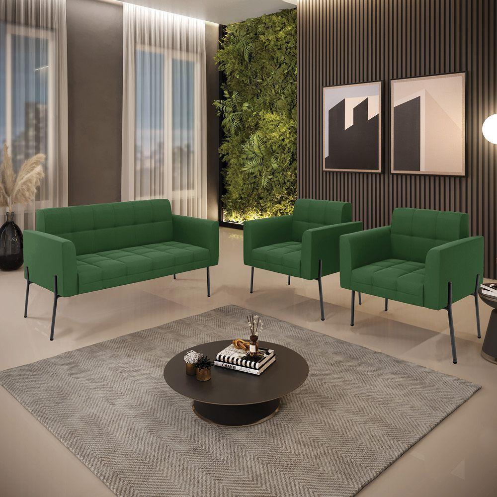 Sofá Namoradeira E 2 Poltronas Pé De Ferro Preto Elisa Suede D03 - D'rossi Cor Verde - 2