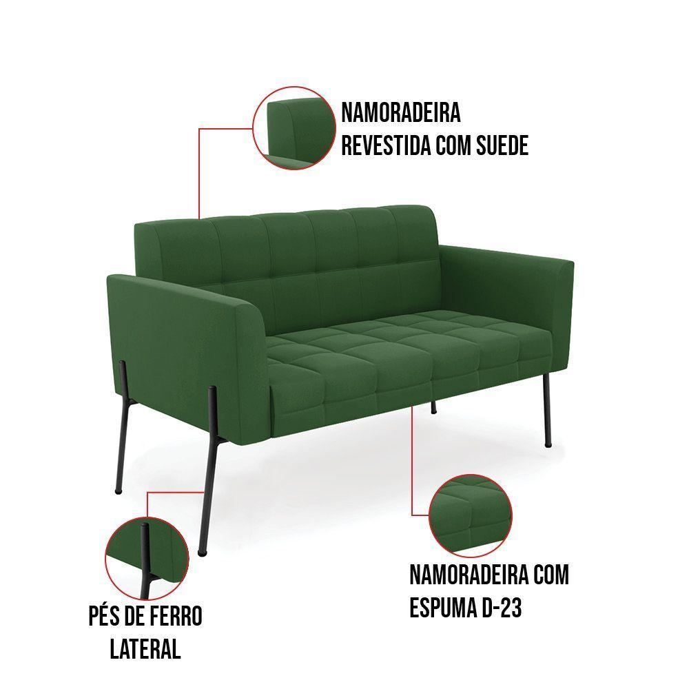 Sofá Namoradeira E 2 Poltronas Pé De Ferro Preto Elisa Suede D03 - D'rossi Cor Verde - 6