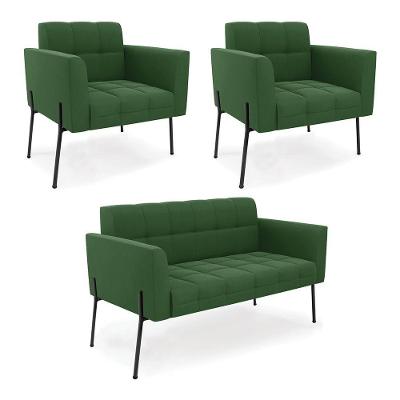 Sofá Namoradeira E 2 Poltronas Pé De Ferro Preto Elisa Suede D03 - D'rossi Cor Verde