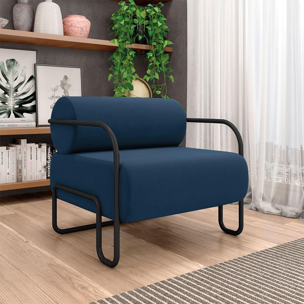 Poltrona Sala De Estar Industrial Preto Kit 2 Ameli Veludo K01 - D'rossi Cor Azul Marinho - 2