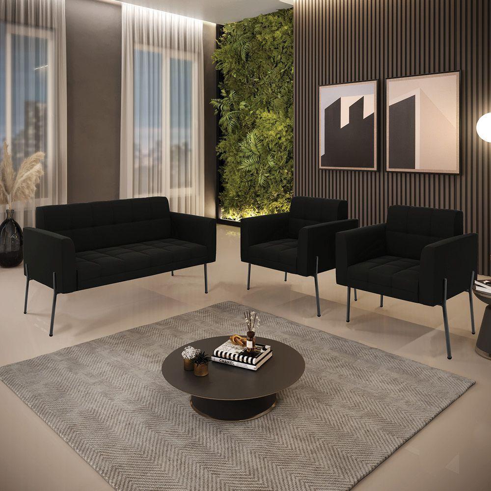 Sofá Namoradeira E 2 Poltronas Pé De Ferro Preto Elisa Suede D03 - D'rossi Cor Preto - 2