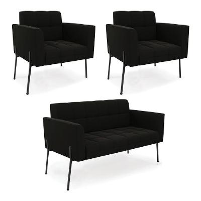 Sofá Namoradeira E 2 Poltronas Pé De Ferro Preto Elisa Suede D03 - D'rossi Cor Preto