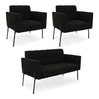 Sofá Namoradeira E 2 Poltronas Pé De Ferro Preto Elisa Suede D03 - D'rossi Cor Preto - 1