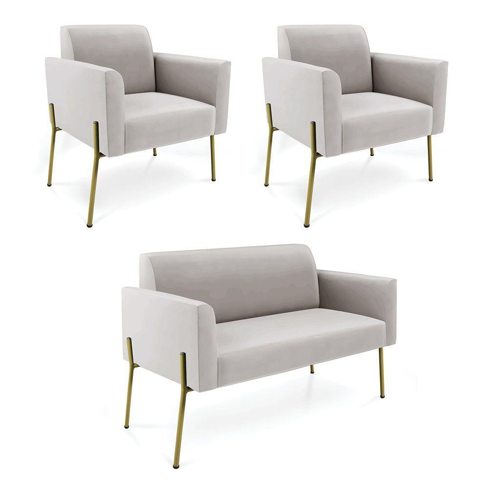 Sofá Namoradeira E 2 Poltronas Pé De Ferro Dourado Marisa Veludo Cor Cinza - 1