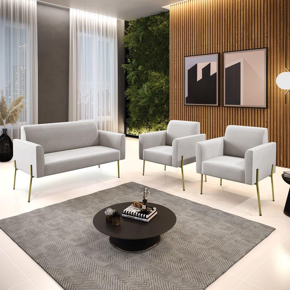 Sofá Namoradeira E 2 Poltronas Pé De Ferro Dourado Marisa Veludo Cor Cinza - 2