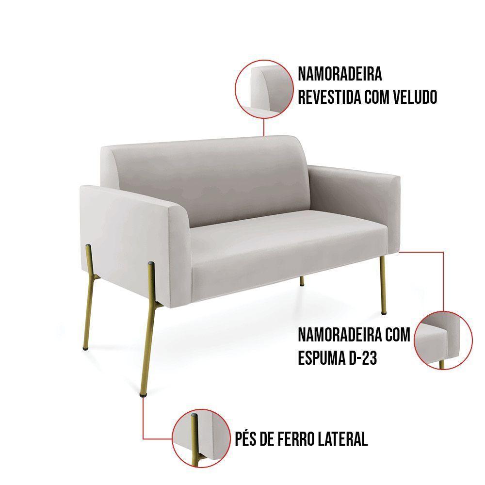 Sofá Namoradeira E 2 Poltronas Pé De Ferro Dourado Marisa Veludo Cor Cinza - 3