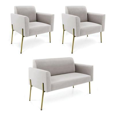 Sofá Namoradeira E 2 Poltronas Pé De Ferro Dourado Marisa Veludo Cor Cinza