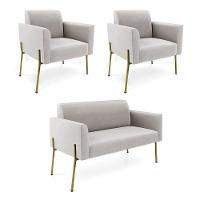 Sofá Namoradeira E 2 Poltronas Pé De Ferro Dourado Marisa Veludo Cor Cinza - 1