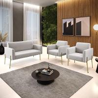 Sofá Namoradeira E 2 Poltronas Pé De Ferro Dourado Marisa Veludo Cor Cinza - 2