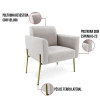 Sofá Namoradeira E 2 Poltronas Pé De Ferro Dourado Marisa Veludo Cor Cinza - 8