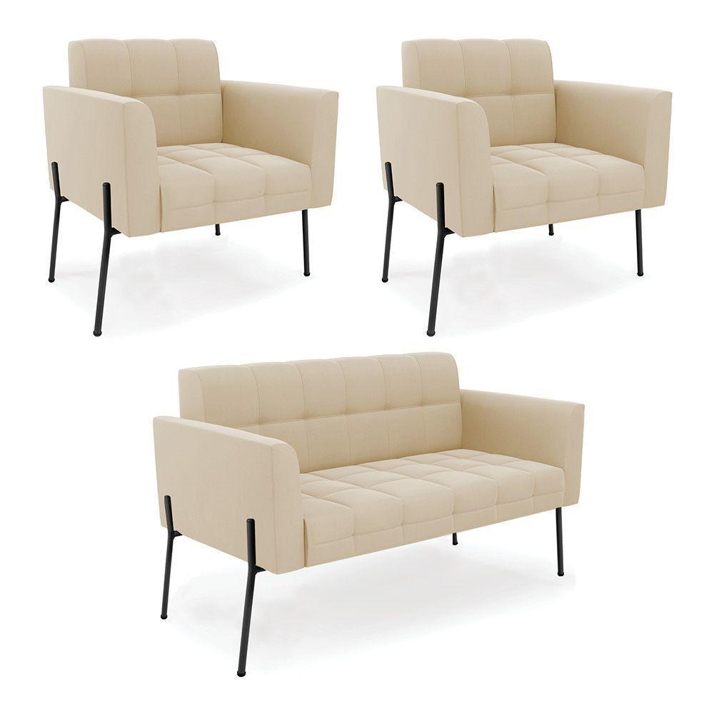 Sofá Namoradeira E 2 Poltronas Pé De Ferro Preto Elisa Suede D03 - D'rossi Cor Bege - 1