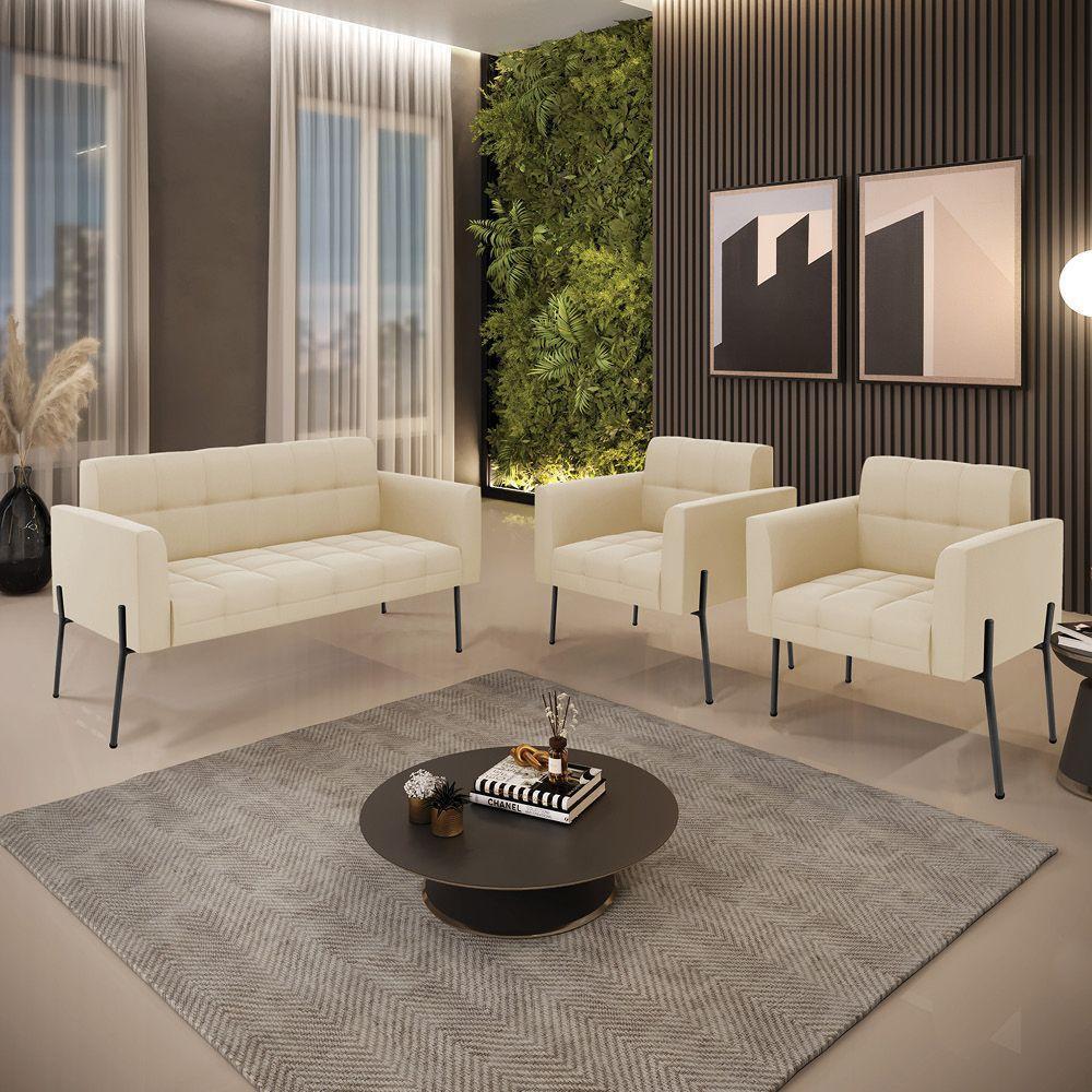 Sofá Namoradeira E 2 Poltronas Pé De Ferro Preto Elisa Suede D03 - D'rossi Cor Bege - 2