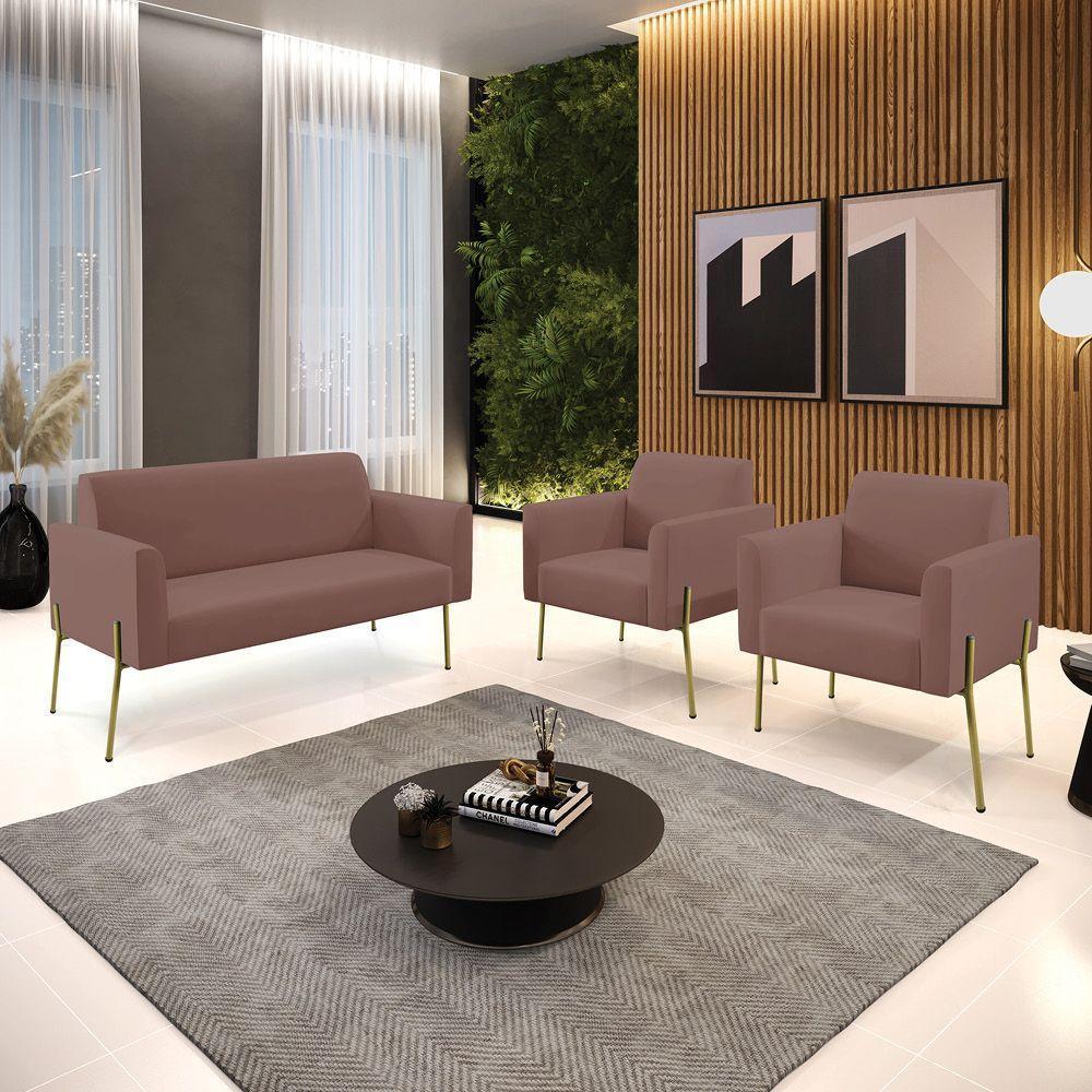 Sofá Namoradeira E 2 Poltronas Pé De Ferro Dourado Marisa Veludo Cor Rose - 2