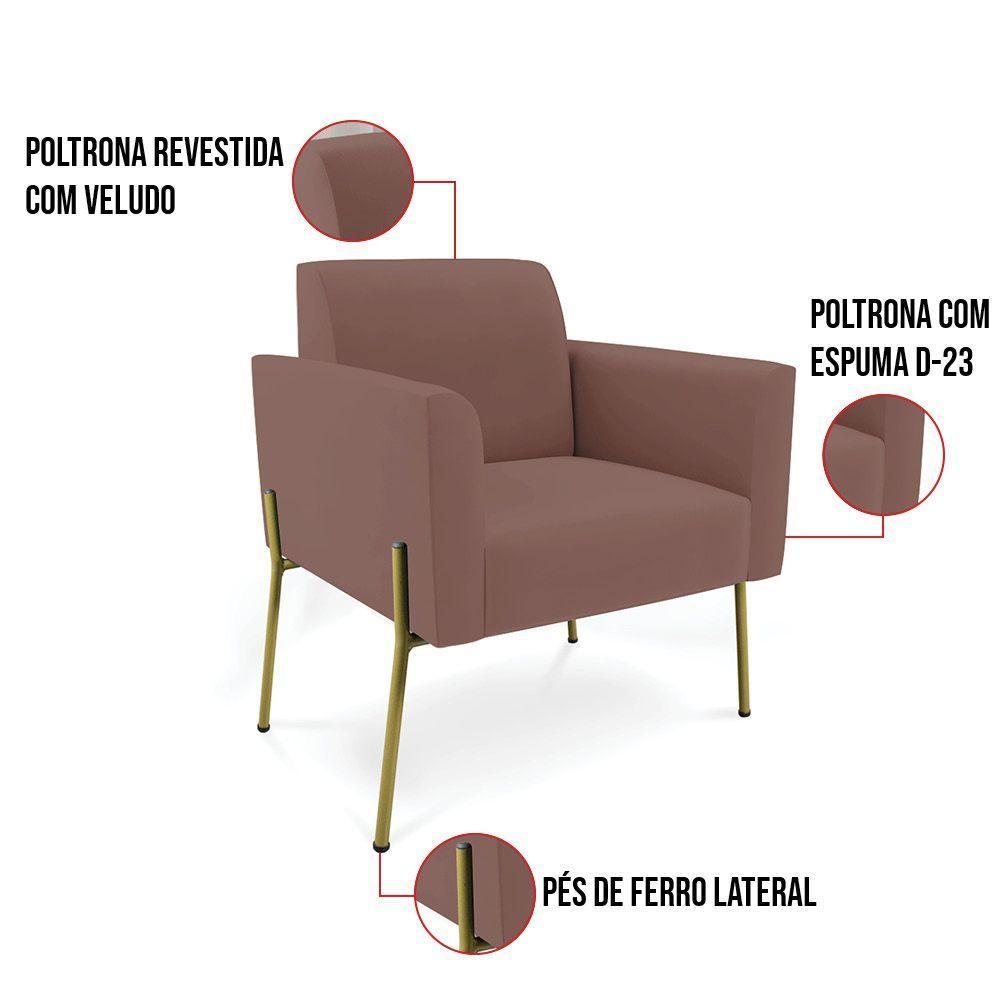 Sofá Namoradeira E 2 Poltronas Pé De Ferro Dourado Marisa Veludo Cor Rose - 8