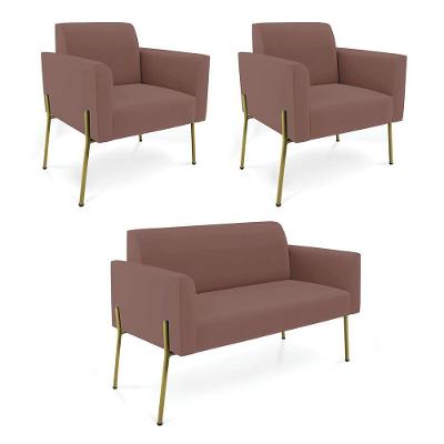 Sofá Namoradeira E 2 Poltronas Pé De Ferro Dourado Marisa Veludo Cor Rose