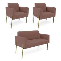 Sofá Namoradeira E 2 Poltronas Pé De Ferro Dourado Marisa Veludo Cor Rose - 1