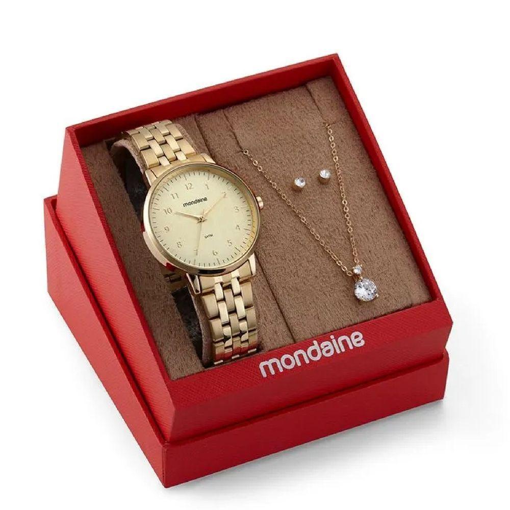 Kit Relógio Mondaine Dourado Com Colar E Brincos 32596lpmkde1k1 - 2