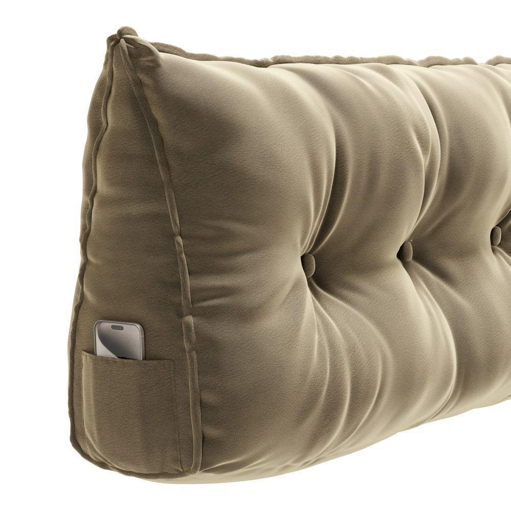 Almofada Para Cabeceira Encosto Apoio Lombar Spot 160cm Com Porta Celular Veludo - Abmaza Cor Bege - 3