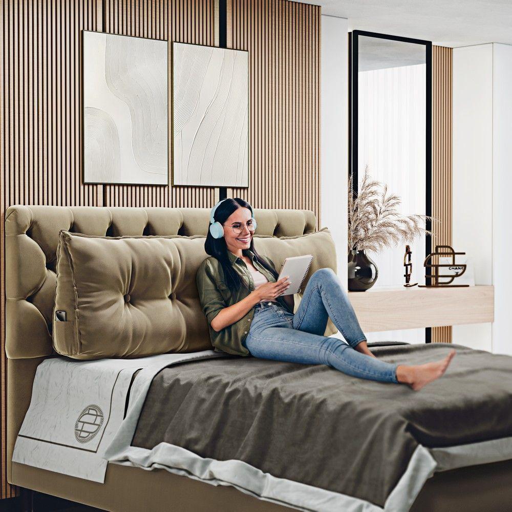 Almofada Para Cabeceira Encosto Apoio Lombar Spot 160cm Com Porta Celular Veludo - Abmaza Cor Bege - 5