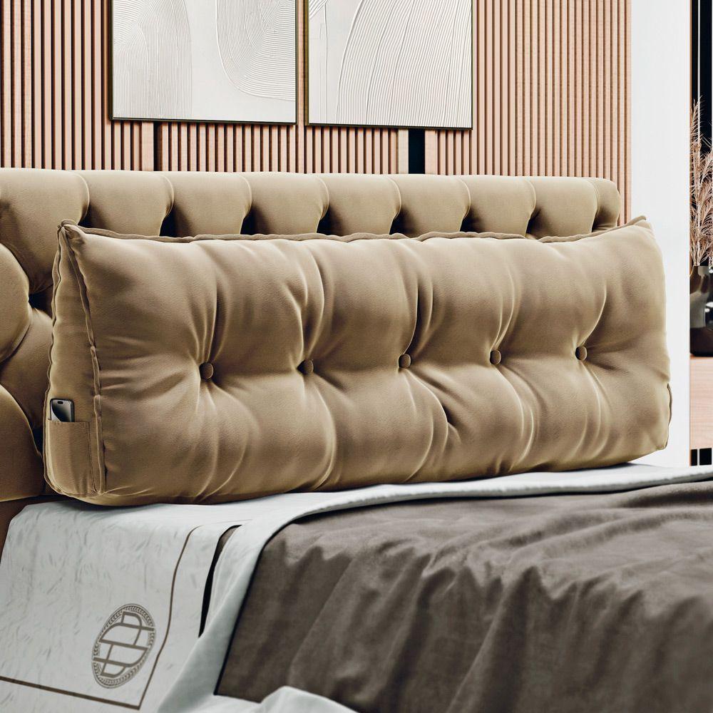 Almofada Para Cabeceira Encosto Apoio Lombar Spot 160cm Com Porta Celular Veludo - Abmaza Cor Bege - 7