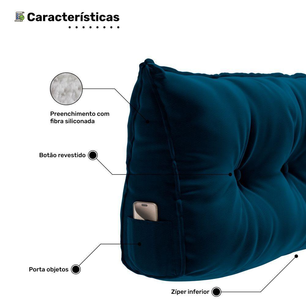 Almofada Para Cabeceira Encosto Apoio Lombar Spot 160cm Com Porta Celular Veludo - Abmaza Cor Azul Escuro - 5