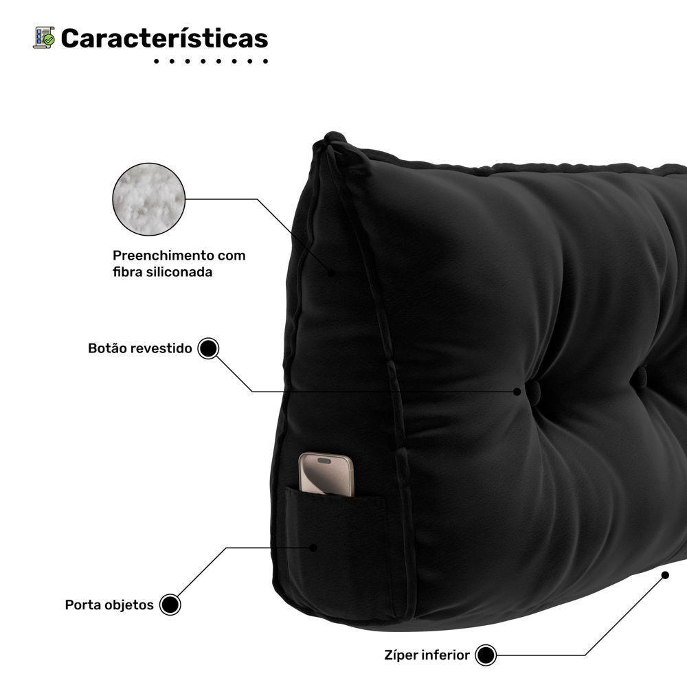 Almofada Para Cabeceira Encosto Apoio Lombar Spot 160cm Com Porta Celular Veludo - Abmaza Cor Preto - 3