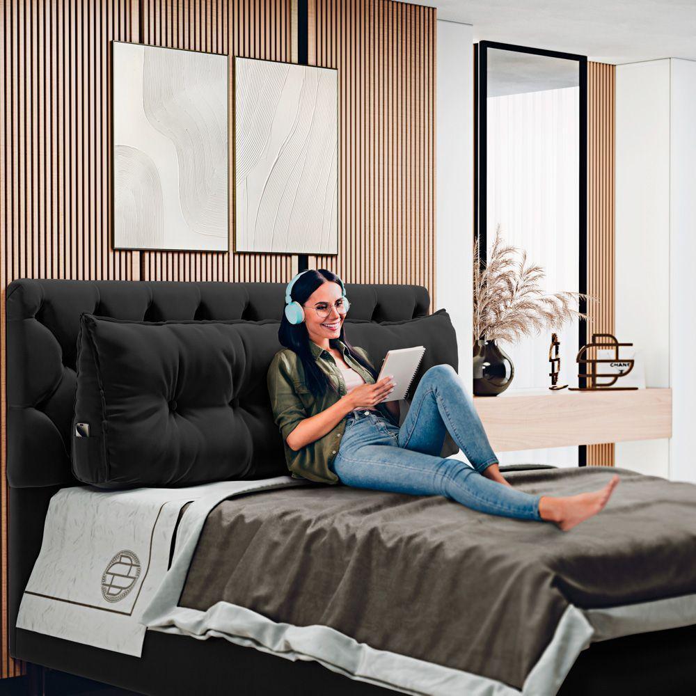 Almofada Para Cabeceira Encosto Apoio Lombar Spot 160cm Com Porta Celular Veludo - Abmaza Cor Preto - 6