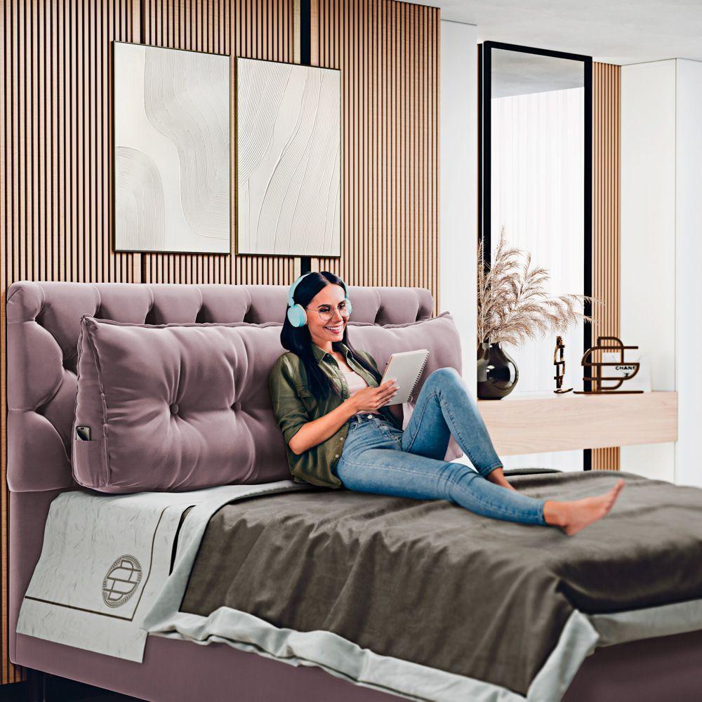 Almofada Para Cabeceira Encosto Apoio Lombar Spot 160cm Com Porta Celular Veludo - Abmaza Cor Rosê - 2