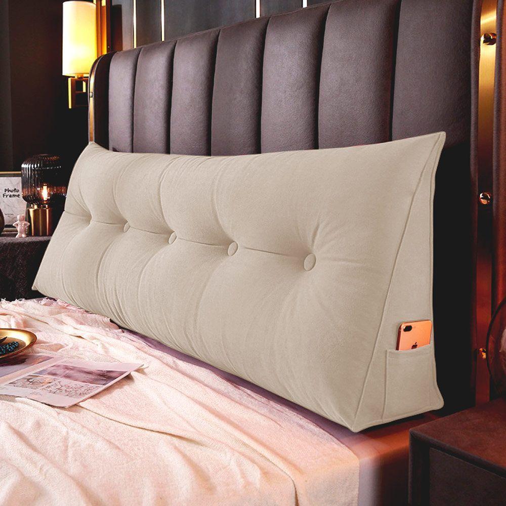 Almofada Para Cabeceira Encosto Apoio Lombar Spot 90cm Com Porta Celular Suede - Abmaza Cor Bege - 2