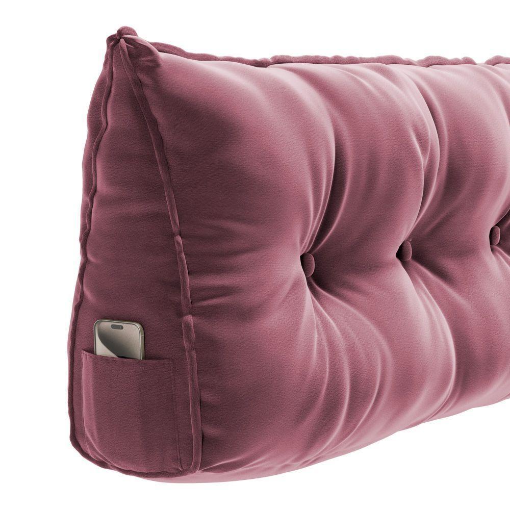 Almofada Para Cabeceira Encosto Apoio Lombar Spot 160cm Com Porta Celular Veludo - Abmaza Cor Rosa - 6