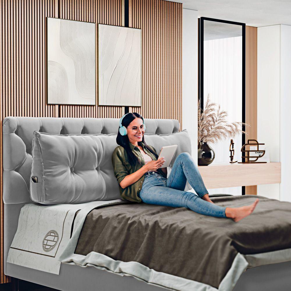 Almofada Para Cabeceira Encosto Apoio Lombar Spot 160cm Com Porta Celular Veludo - Abmaza Cor Cinza Claro - 2