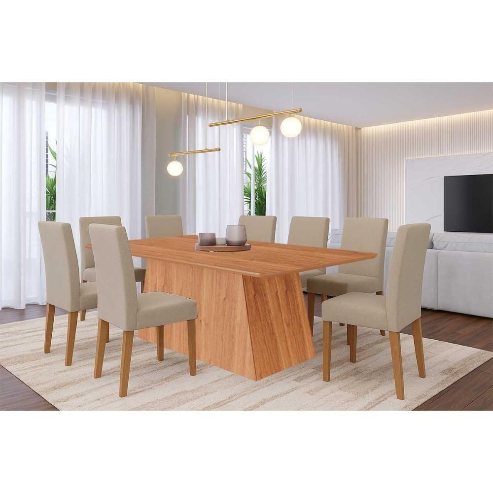 Sala De Jantar Completa Helena Tampo Madeirado 210x100cm E 8 Cadeiras Maia Cinamomo - Nature/suede Gengibre Bege - Cimol - 1