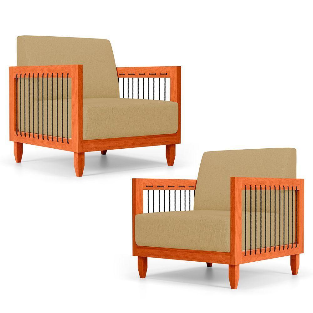 Kit 02 Poltronas Varanda Samoa Madeira Maciça Com Cordas Náutica Linho Dourado - Abmaza - 1