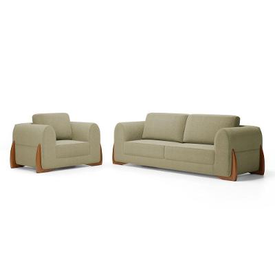 Kit Poltrona E Sofá Bloom 160cm 02 Lugares Com Pés De Madeira Bouclê Bege - Abmaza