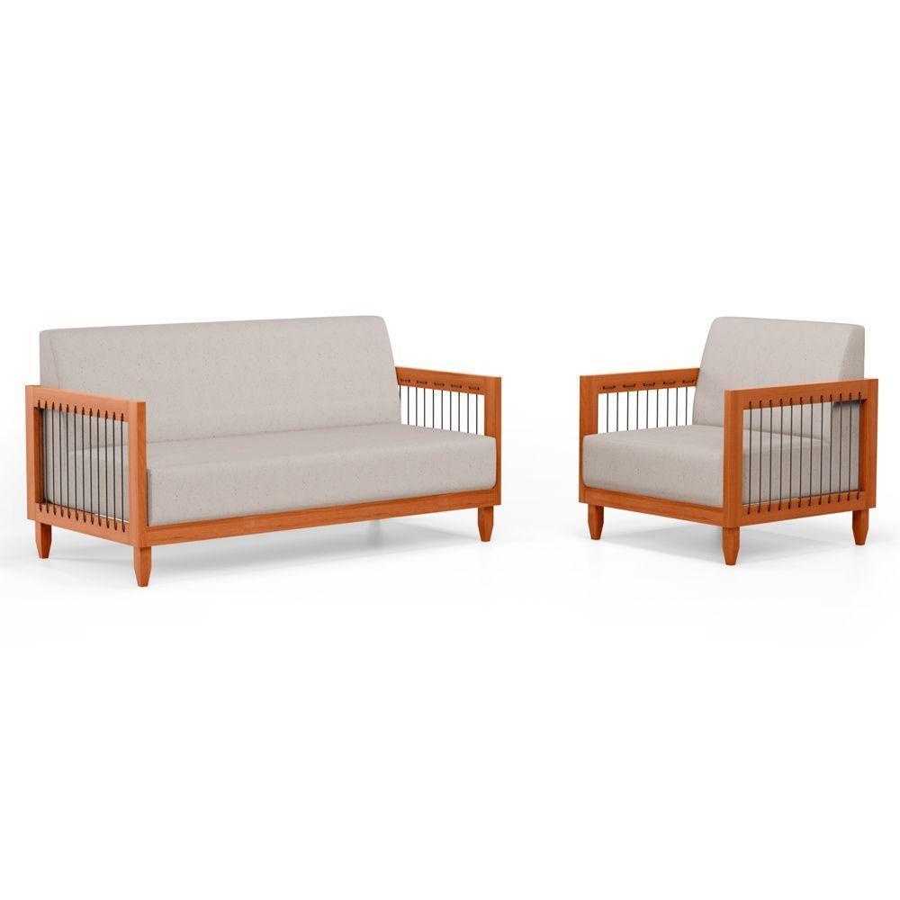 Kit 02 Poltronas E 01 Sofá Samoa Madeira Maciça Com Cordas Náutica Linho Rústico Areia - Abmaza - 8