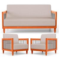 Kit 02 Poltronas E 01 Sofá Samoa Madeira Maciça Com Cordas Náutica Linho Rústico Areia - Abmaza - 1