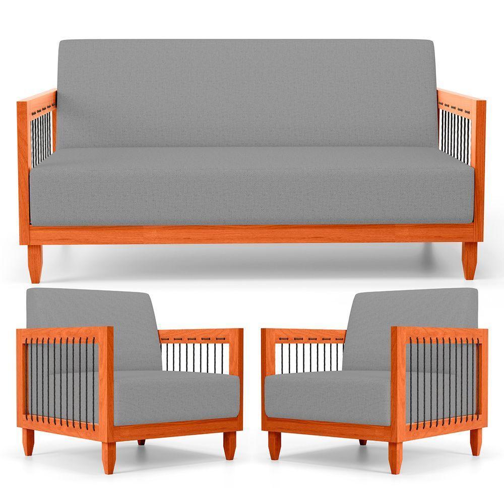 Kit 02 Poltronas E 01 Sofá Samoa Madeira Maciça Com Cordas Náutica Linho Cinza - Abmaza - 1