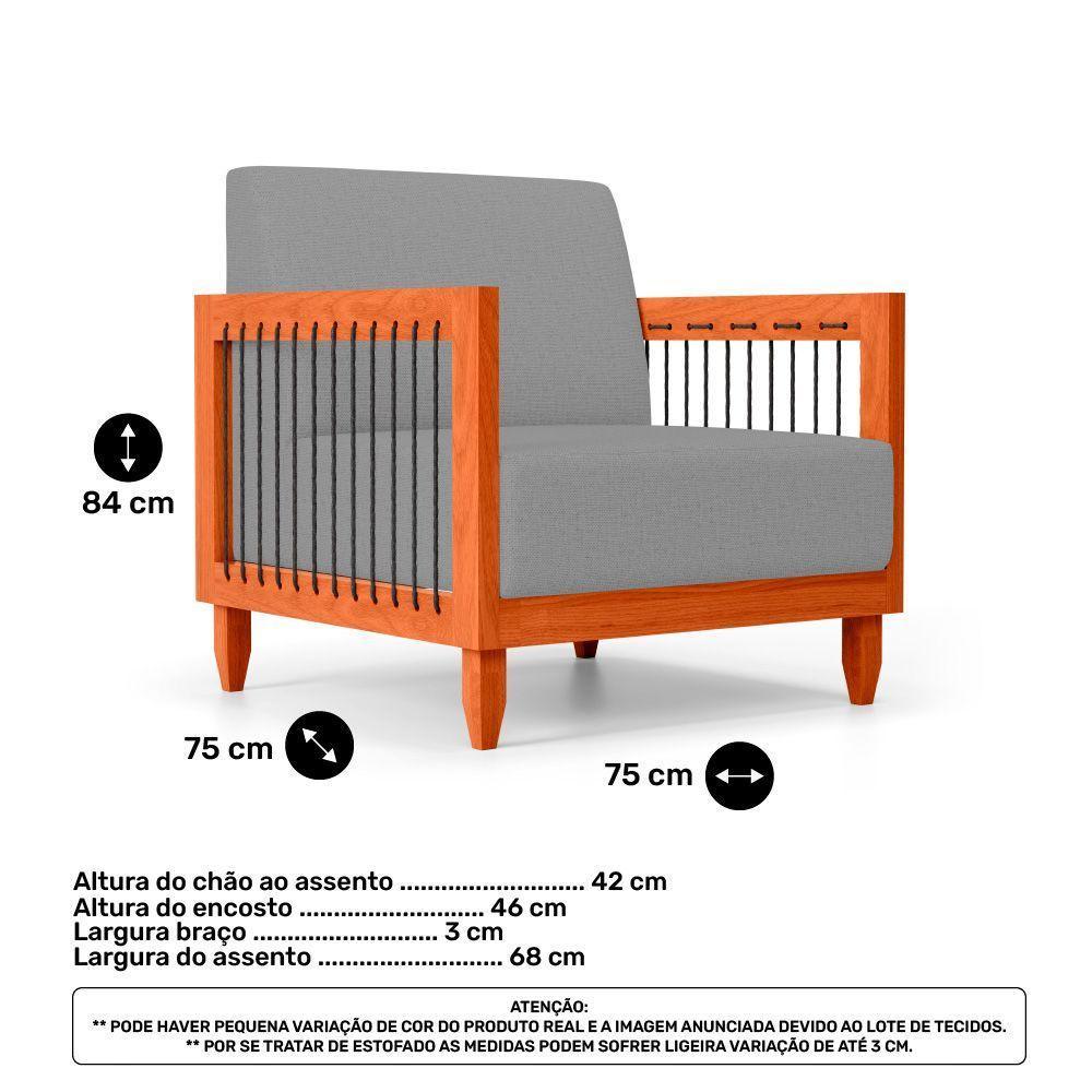 Kit 02 Poltronas E 01 Sofá Samoa Madeira Maciça Com Cordas Náutica Linho Cinza - Abmaza - 4