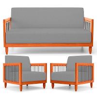 Kit 02 Poltronas E 01 Sofá Samoa Madeira Maciça Com Cordas Náutica Linho Cinza - Abmaza - 1